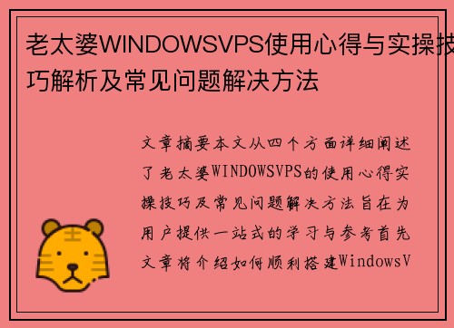 老太婆WINDOWSVPS使用心得与实操技巧解析及常见问题解决方法