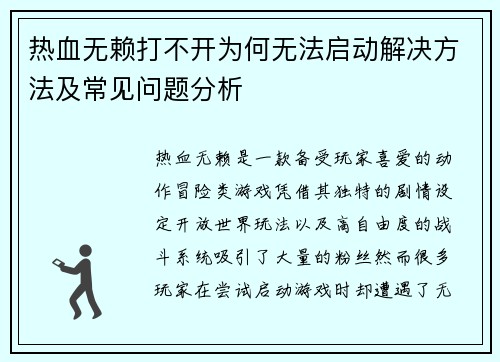 热血无赖打不开为何无法启动解决方法及常见问题分析